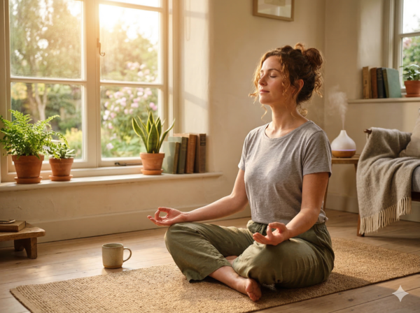 Calm person practicing mindfulness, supported by holistic care when you consult a homeopathic doctor online for anxiety.
