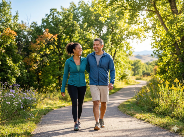 Active couple walking in nature, managing autoimmune conditions with online homeopathy medicine.