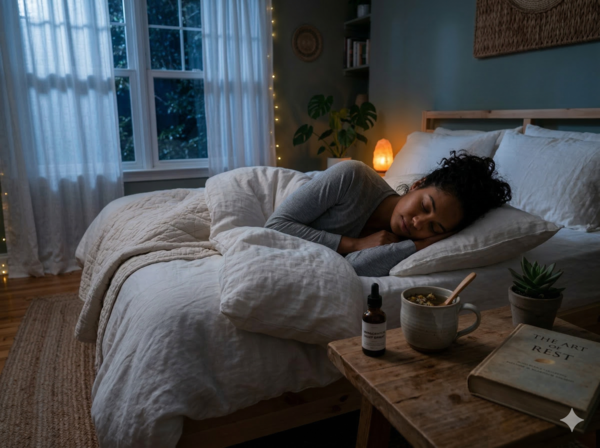 Peaceful woman sleeping well after an online homeopathic consultation for chronic insomnia.