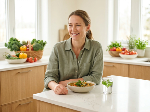 Healthy individual eating a nutritious meal, improving gut health through an online homeopathic consultation.