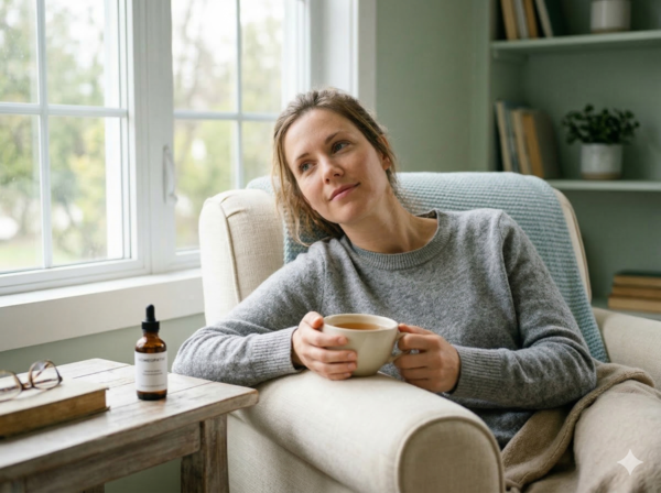 Relaxed person experiencing migraine relief using online homeopathy medicine.