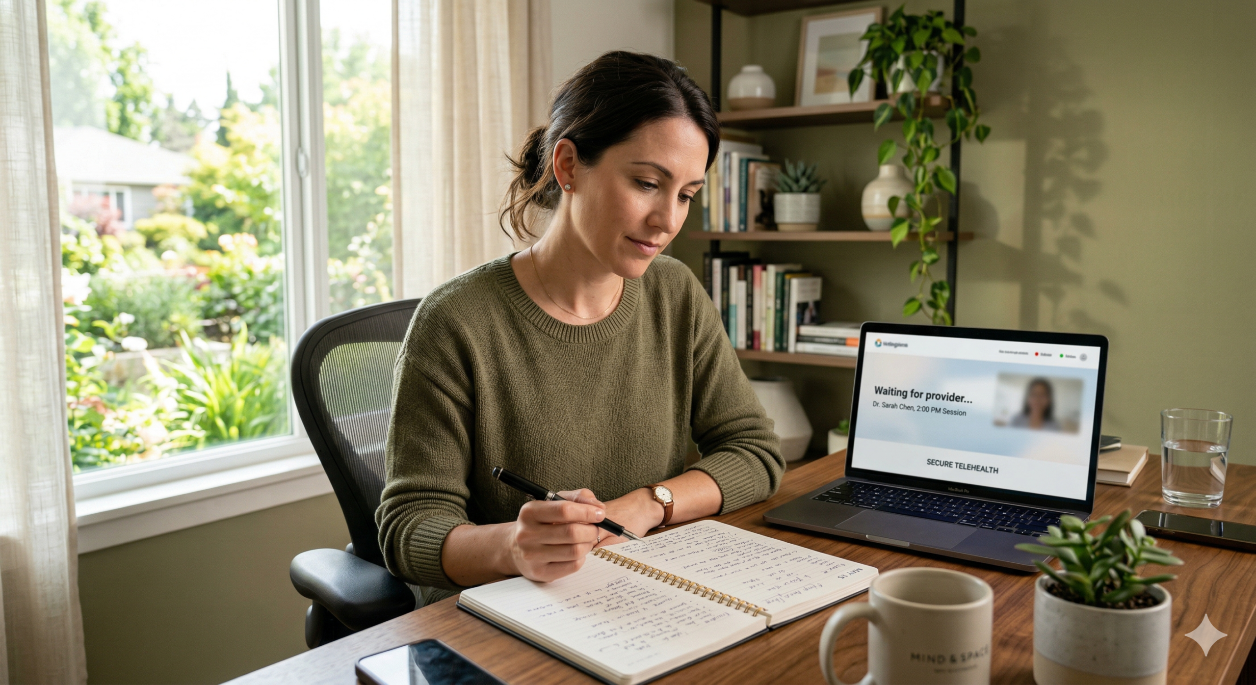 A woman sitting at a clean desk in a modern US home, looking thoughtfully at a handwritten health journal next to an open laptop, preparing for a virtual telehealth appointment.
