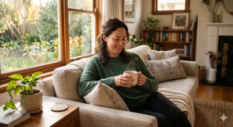 A calm woman in a sunlit room feeling relieved after finding a holistic approach to chronic migraines.