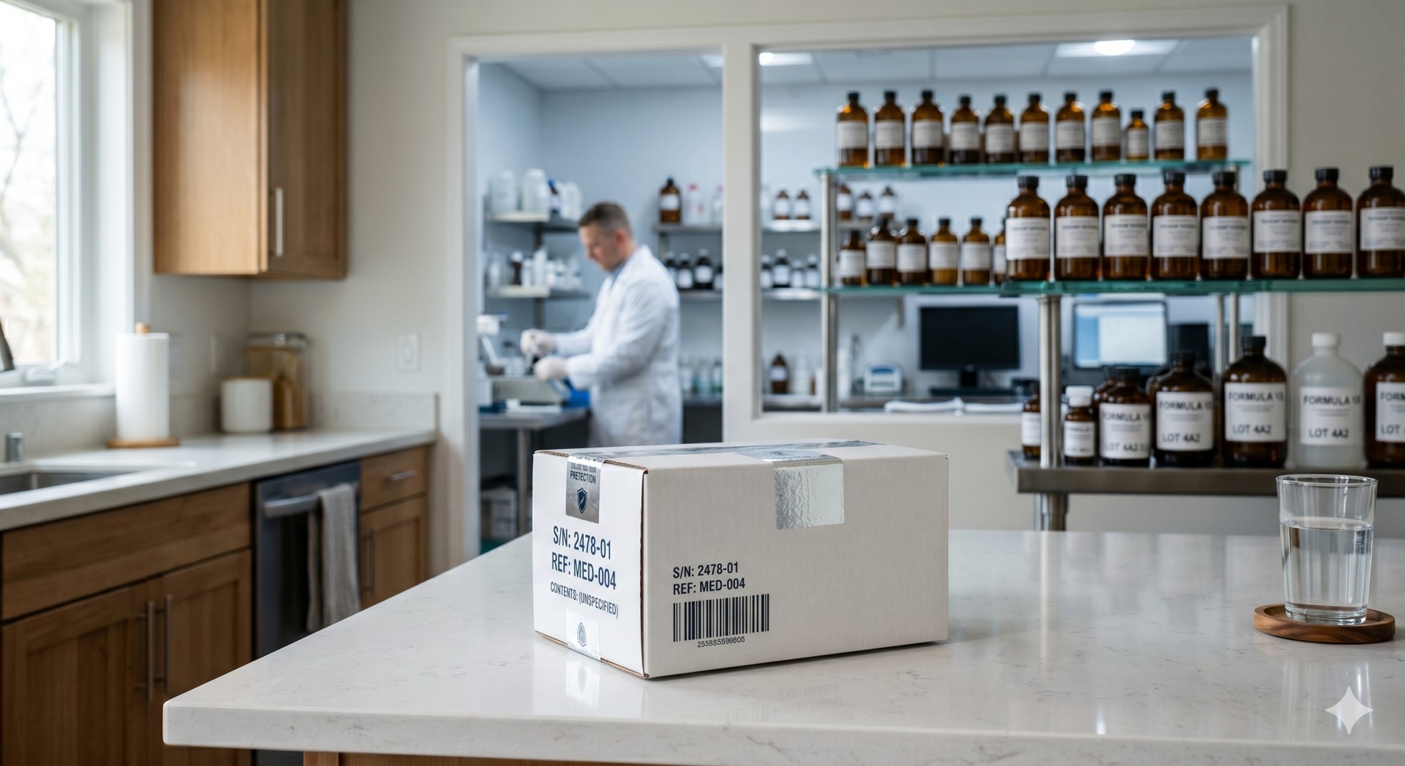 A secure package containing custom-compounded homeopathic remedies delivered directly to a patient's home in the United States.