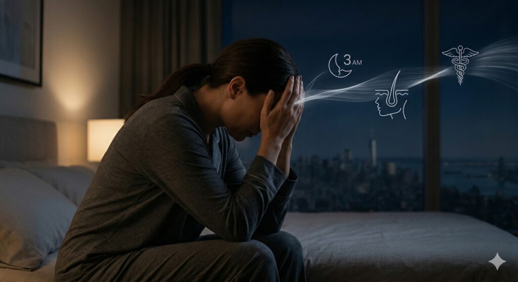 An empathetic photograph showing a distressed woman in an NYC apartment at 3 AM unable to sleep, with overlaying icons of a moon, a refined hormone symbol, and a specific hair follicle icon, representing severe insomnia from an underlying hormonal disorder.