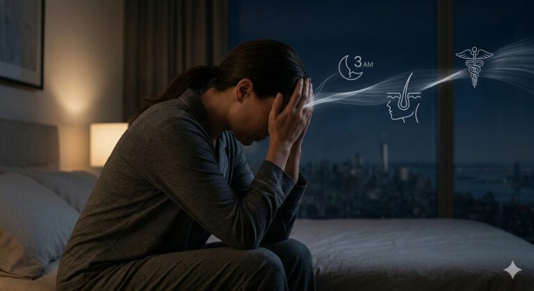An empathetic photograph showing a distressed woman in an NYC apartment at 3 AM unable to sleep, with overlaying icons of a moon, a refined hormone symbol, and a specific hair follicle icon, representing severe insomnia from an underlying hormonal disorder.