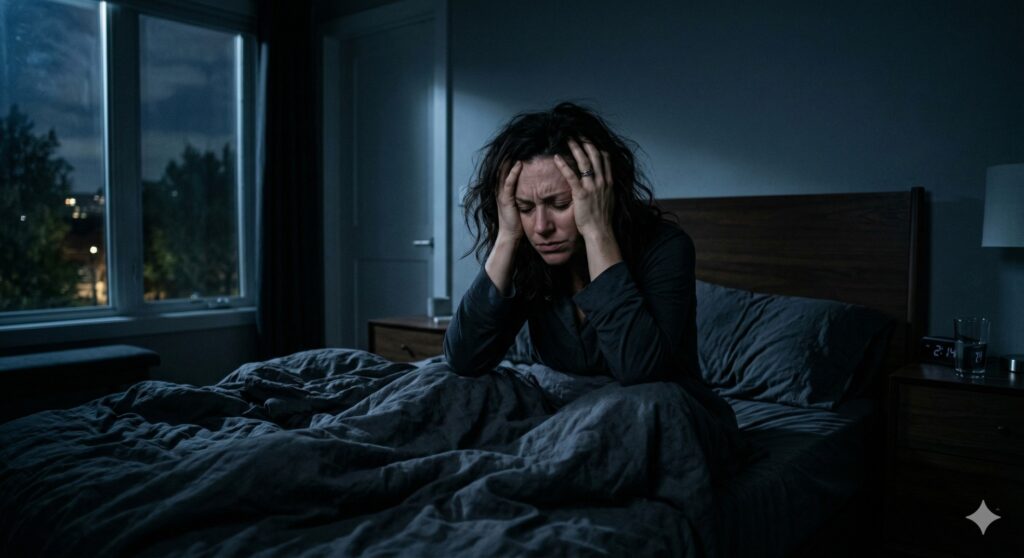 An exhausted woman sitting awake in a dark bedroom holding her head, struggling with a racing mind and chronic insomnia.