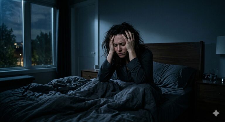 An exhausted woman sitting awake in a dark bedroom holding her head, struggling with a racing mind and chronic insomnia.