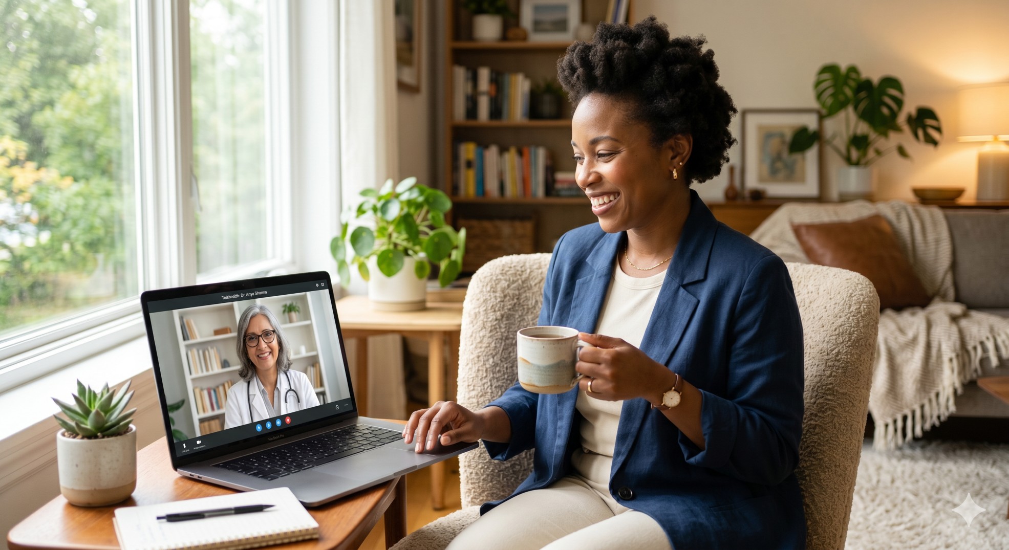 Woman looking relieved and comfortable during a homeopathy online consultation from her living room.