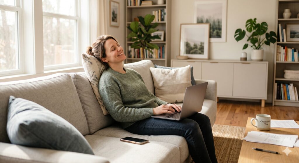 Woman experiencing lasting relief from chronic migraines after a homeopathy online consultation.