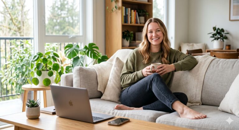 A woman experiencing clear skin and relief from chronic eczema after a holistic telehealth consultation.