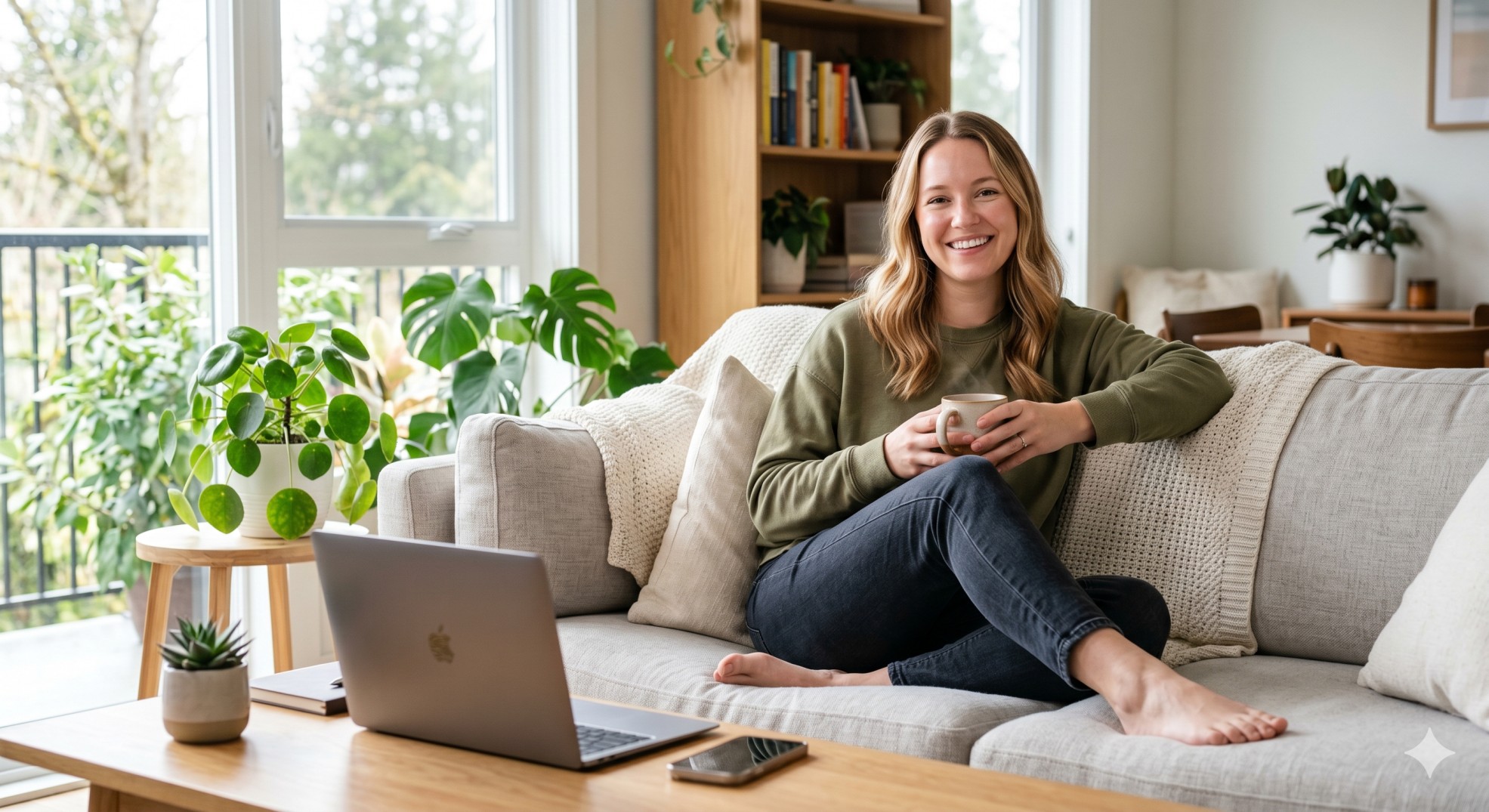 A woman experiencing clear skin and relief from chronic eczema after a holistic telehealth consultation.