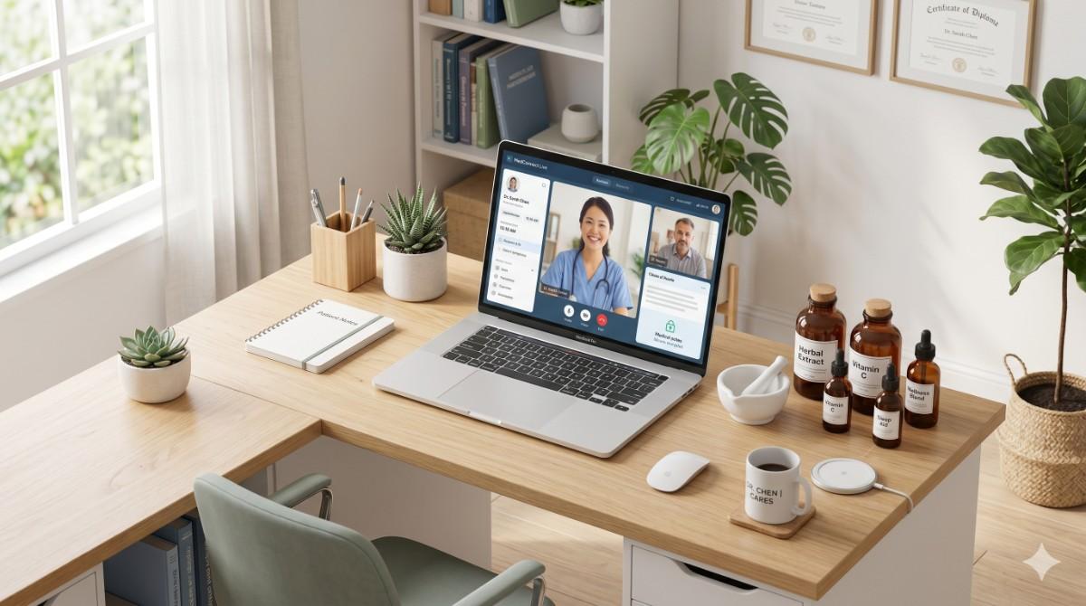 Modern desk setup for a homeopathy online consultation targeting PCOS and hormonal balance.