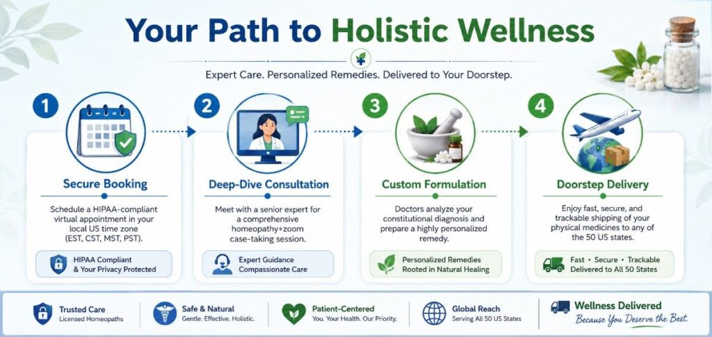 Infographic illustrating the 4-step process of online homeopathy consultations and medicine delivery across the USA