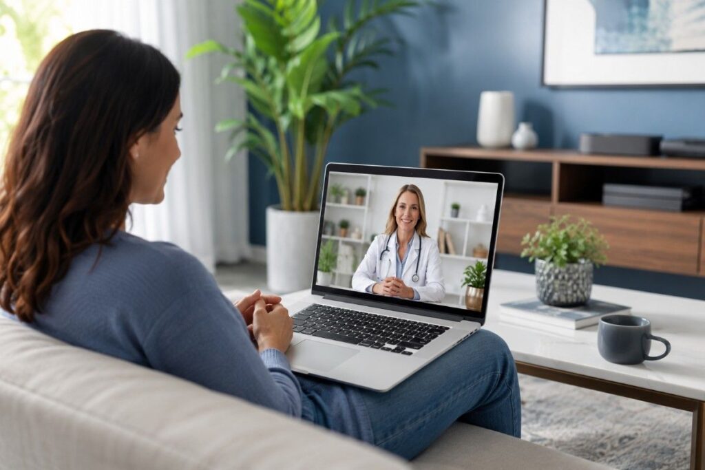 US patient having a secure online holistic healthcare consultation with a doctor through a laptop video call in a modern living room with a calming blue and green medical theme.